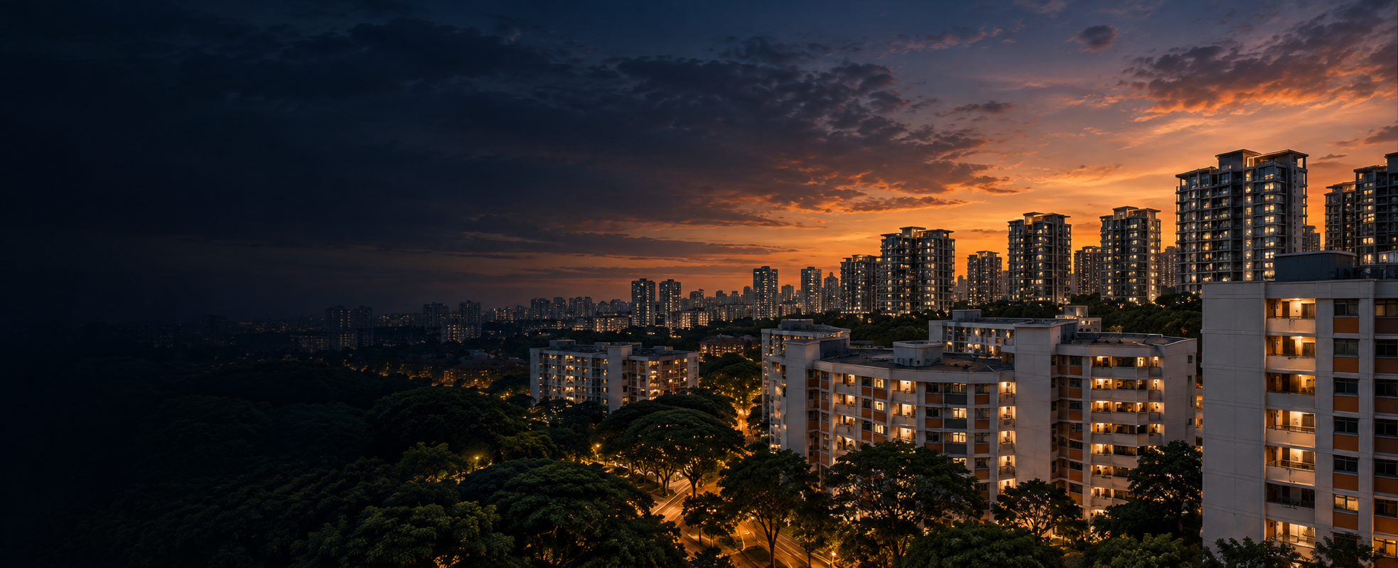 Singapore HDB estate and private condominiums at dusk