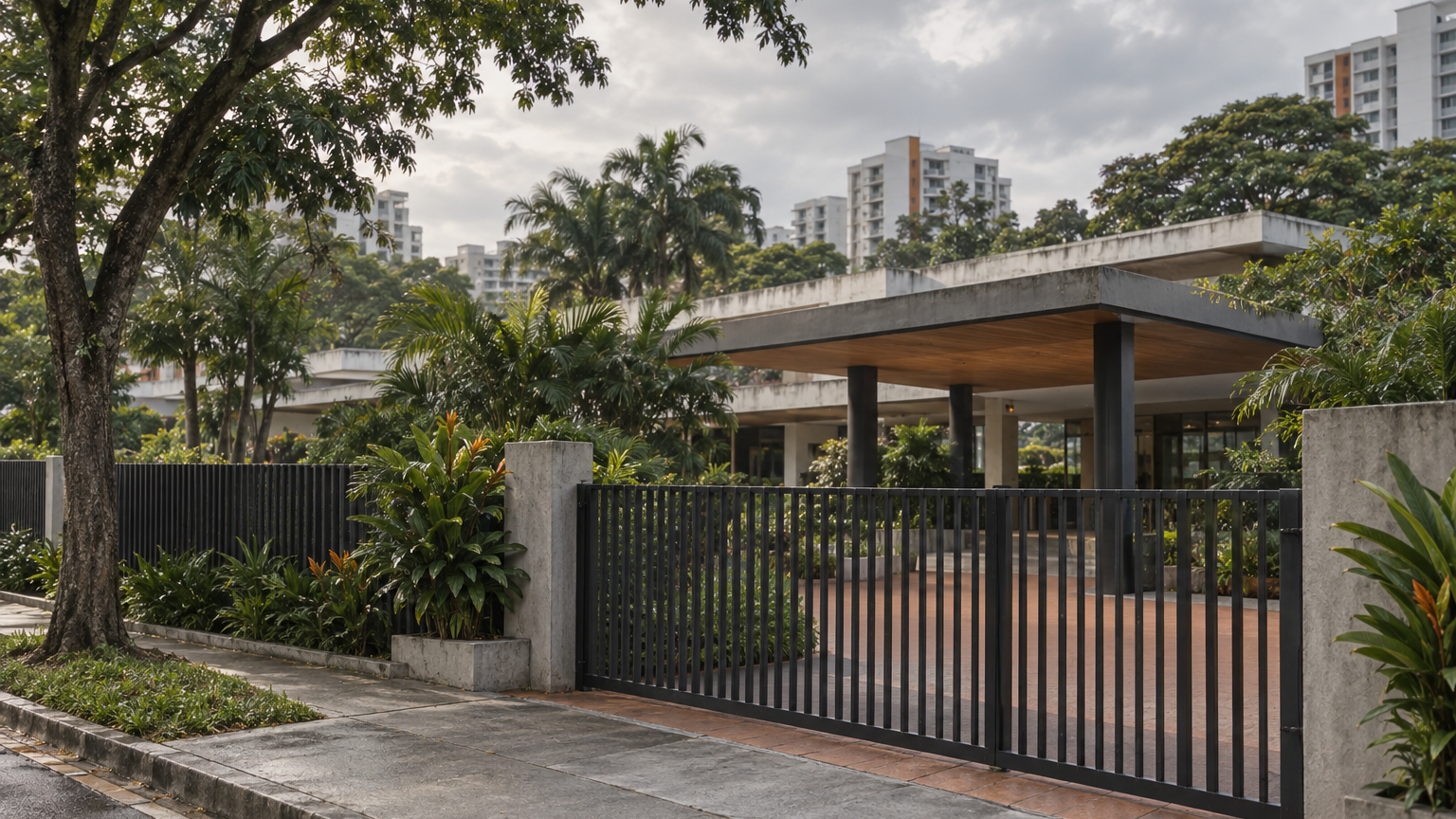 Illustration of a former club-like site behind a boundary fence in a generic Singapore residential setting, not a depiction of Raffles Town Club.