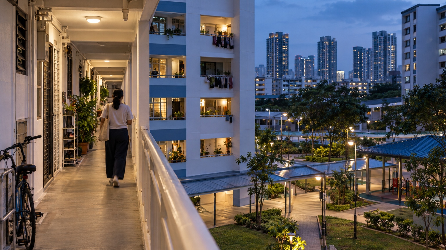 Illustrative Singapore hdb scene for HDB resale prices slip as private homes climb: recalculating the upgrade gap