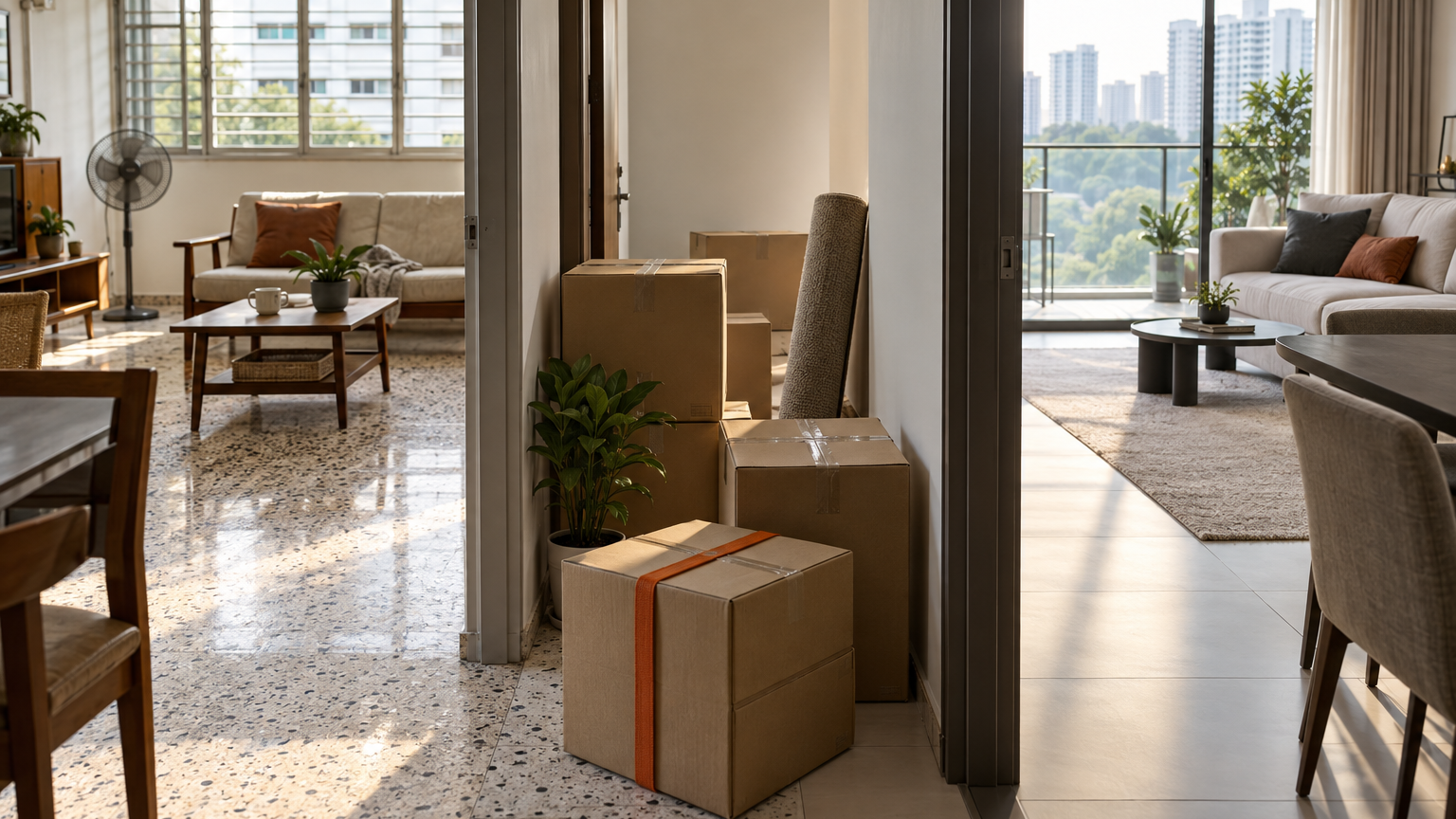 Illustrative miniature of moving cartons between an HDB interior and a private-home interior, showing the need to coordinate an upgrade.